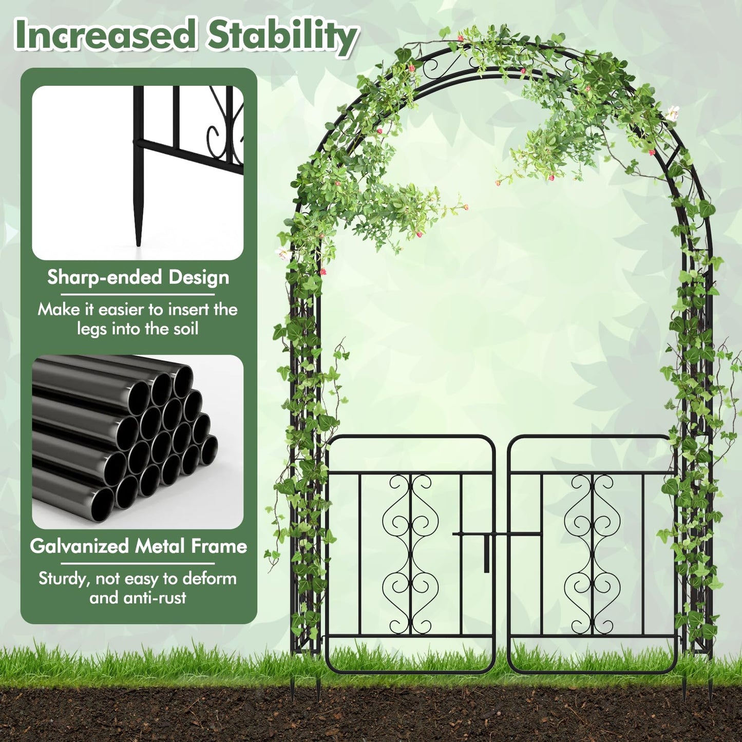 TANGZON Garden Arbor, Metal Arch Arched Top Arbor Trellis with Lockable Gate, Heavy-Duty Trellis Archway for Climbing Plants Grape Vines Wedding Ceremony (with multiple side crossbars,136x58x213cm)