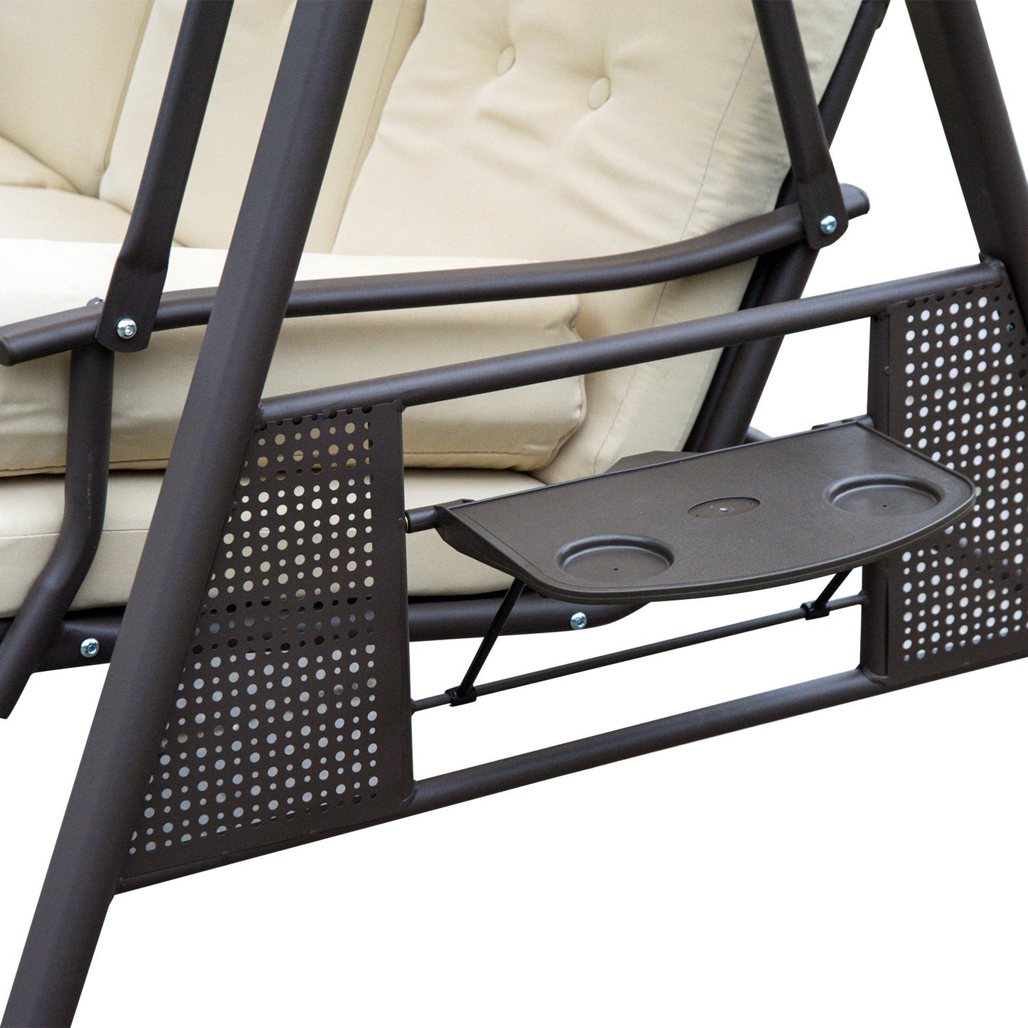 Outsunny 3 Seater Garden Swing Chair Outdoor Hammock Bench w/Adjustable Canopy, Cushions and Cup Trays, Brown Steel Frame, Beige Fabric
