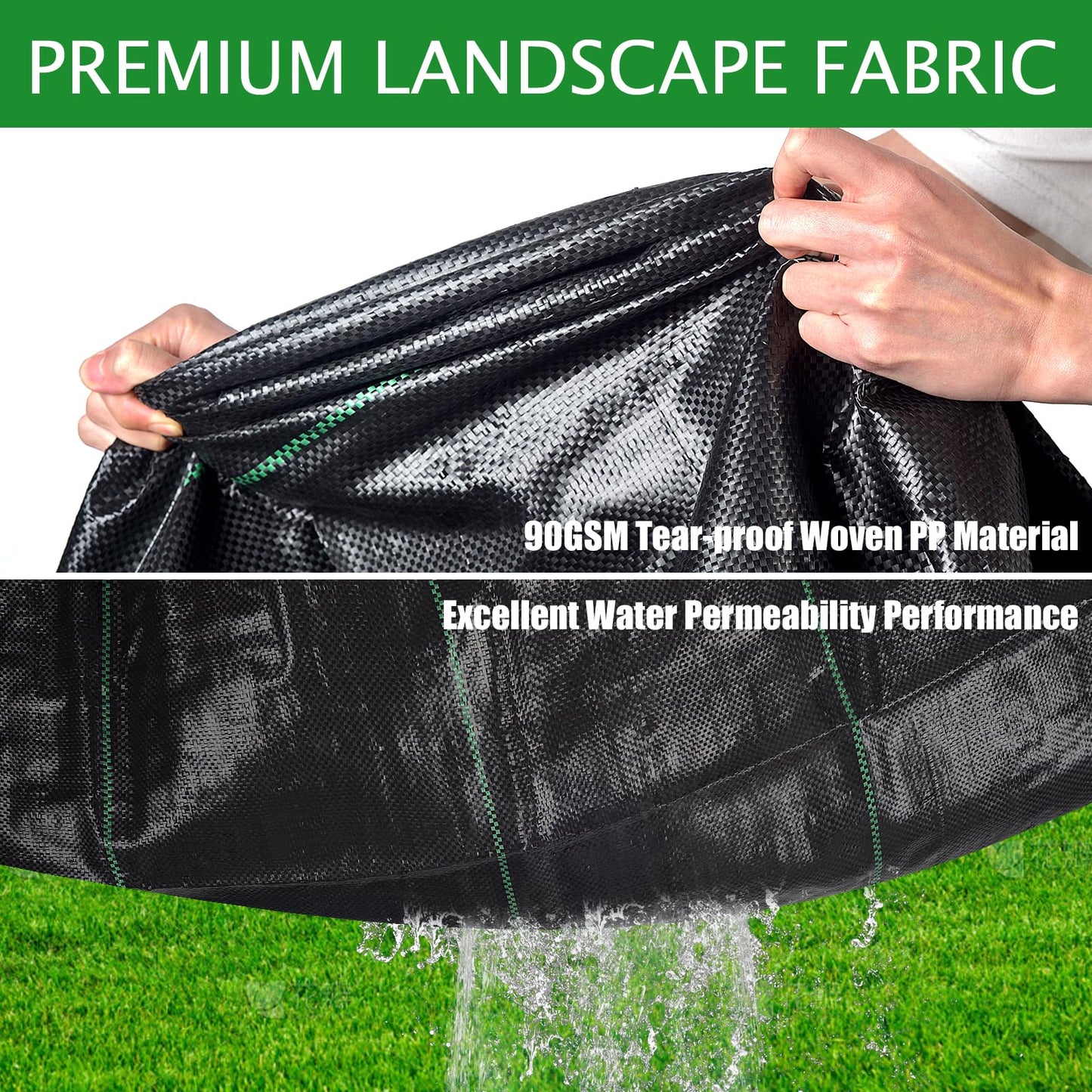 ZEAKKCEE 2M X 5M Weed Control Membrane, 90gsm Premium Heavy Duty Weed Barrier Landscape Fabric Mat, Ground Cover for Landscaping Patios Gardening Farming with 20 U-Shaped Securing Pegs Washers