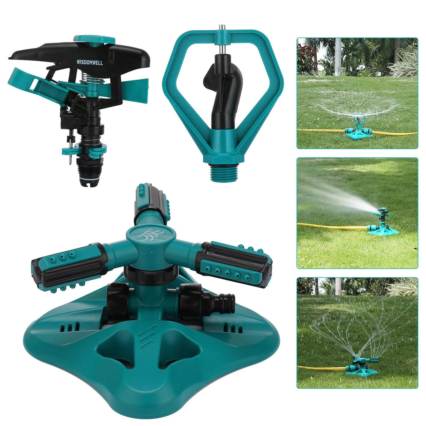 WISDOMWELL Garden Sprinkler Adjustable water spray range Suitable for large areas of lawn Automatic 360 Degree 3 Arm Rotating Sprinkler System Sprinklers (1Sprinkler-4Connectors-2 Sprinkler Head)