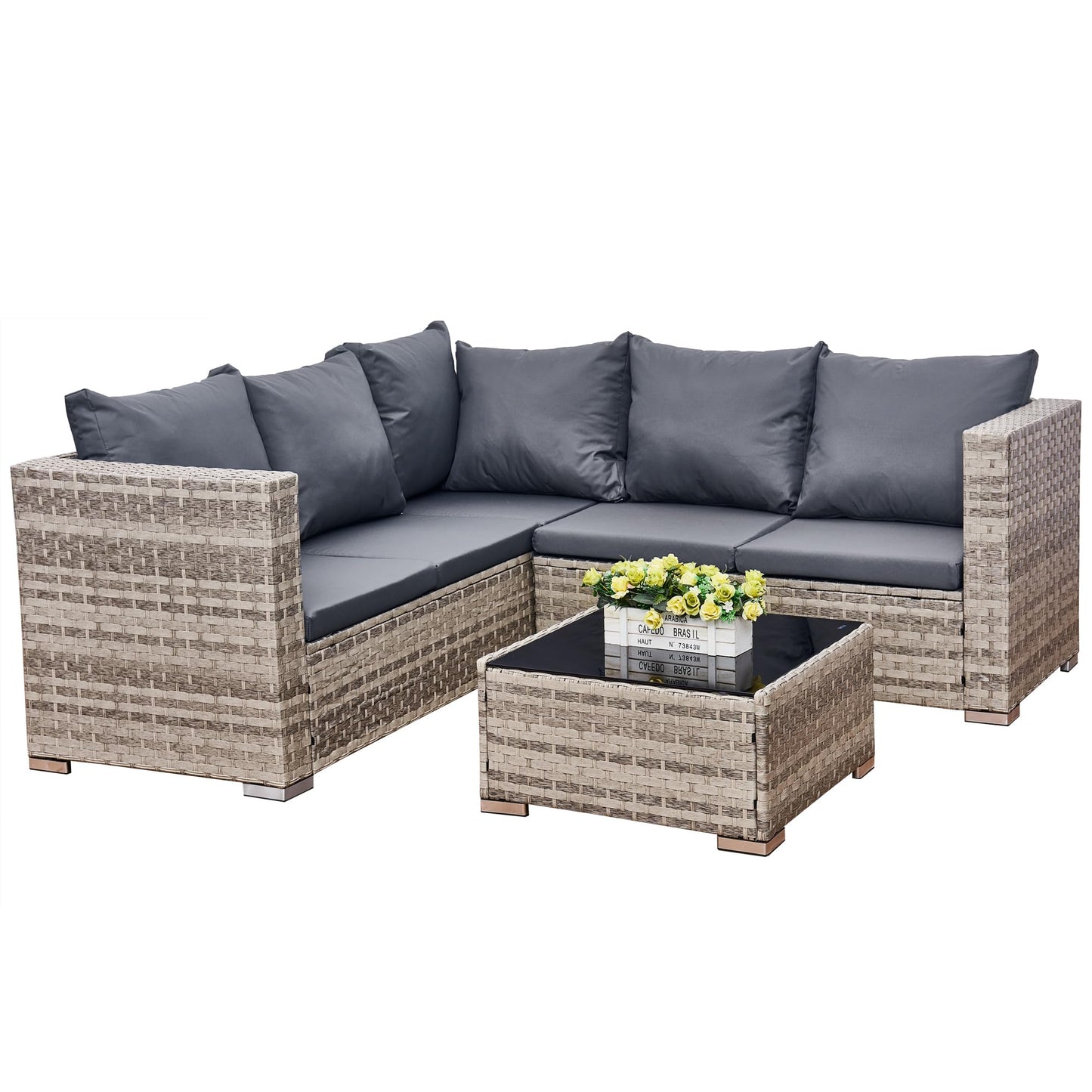 AOUXIN 5 Seater Rattan Garden Furniture Set, Rattan Corner Sofa Set Patio Sofa with Glass Table (Grey)