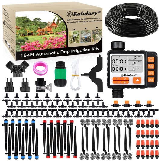 Kalolary Drip Irrigation Kit, 164 Ft Adjustable Garden Watering System with Timer, 133 PCS Blank Distribution Watering Drip Tubing Kits for Patio Lawn Garden Greenhouse Flower Bed