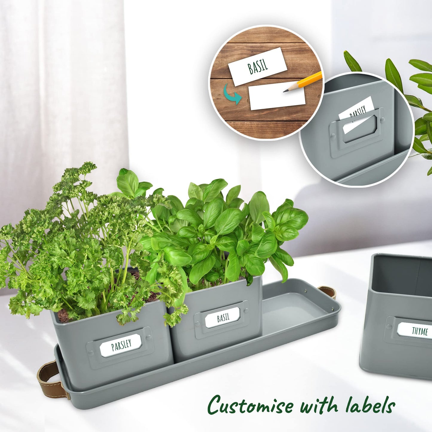 Green Thumbz Herb Pots for Kitchen Windowsill - Set of 3 Charcoal Grey Herb Planter Indoor with Leather Handled Tray - Ideal for an Indoor Herb Garden, Plants and Flowers - Labels Included