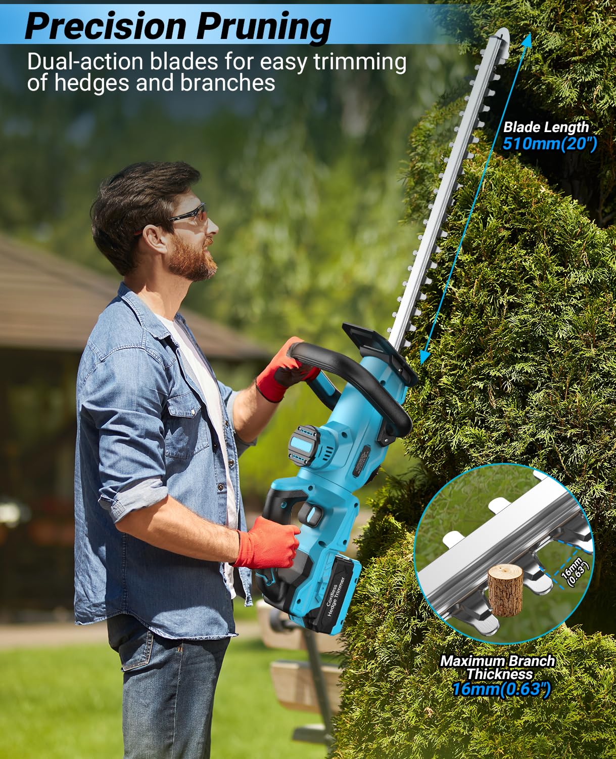 Cordless Hedge Trimmer, LEEIKOO Electric Hedge Trimmer with 4000mAh Battery, 180° Adjustable Hedge Cutter, 51 cm Blade length, 16 mm Tooth Spacing, Blade Cover for Hedges, Branches, Shrubs, Twigs