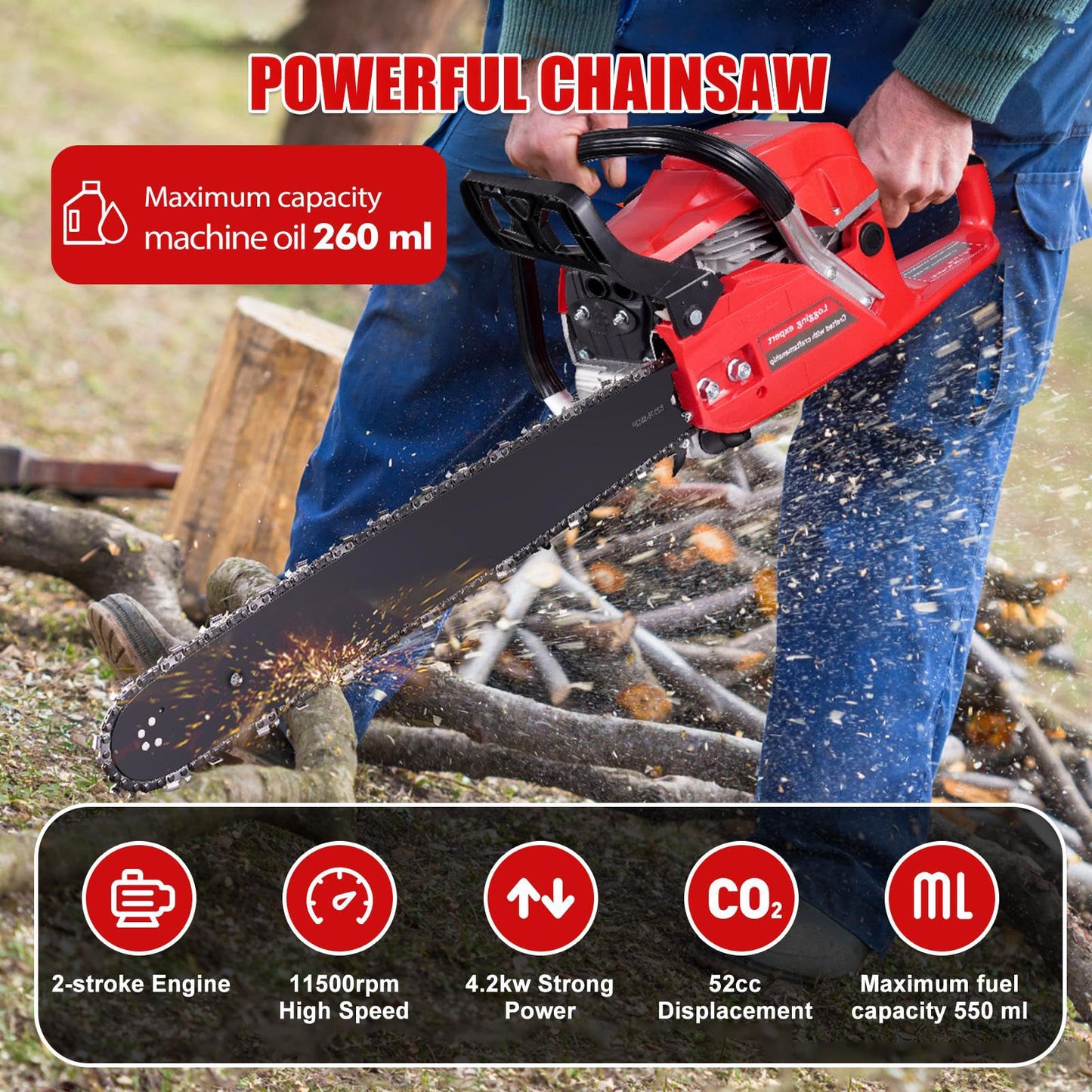Bellanny 52cc 20inch Petrol Chainsaw, 4.2KW 11500PRM Powerful Gasoline Chainsaw, 2-Stroke Engine with 550ML Large Capacity Fuel Tank, Metal Saw Blade for Trimming Branches or Felling Big Trees - Red