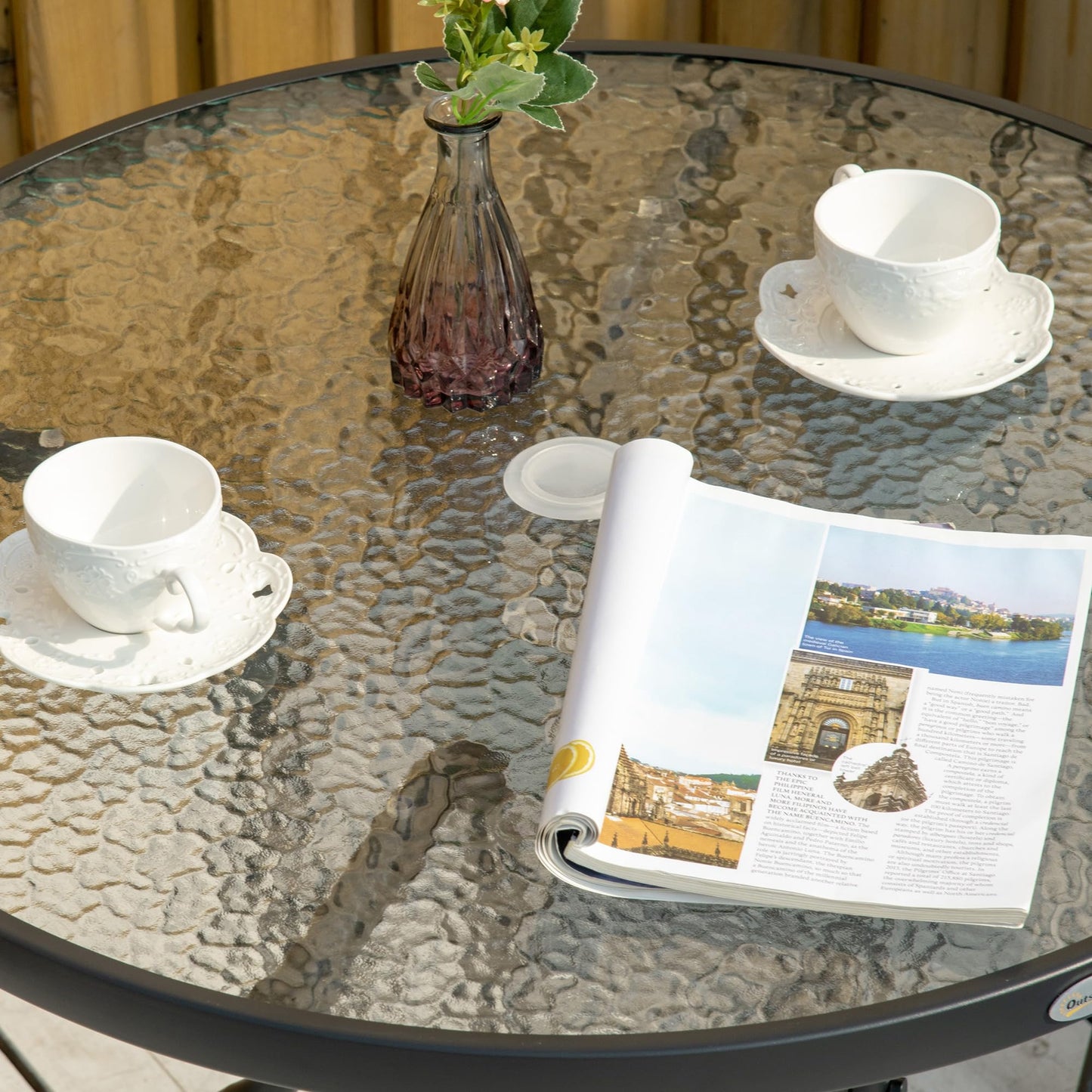 Outsunny Outdoor φ80cm Round Dining Table Tempered Glass Top Steel Frame Bistro Coffee End Side Table Garden w/Parasol Hole