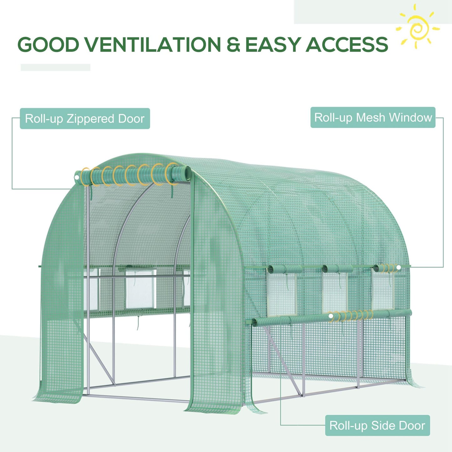 Outsunny 3 x 2 x 2m Polytunnel Greenhouse with Roll-up Sidewalls, Door and 6 Mesh Windows, Walk In Green House with UV-resistant PE Cover, Green