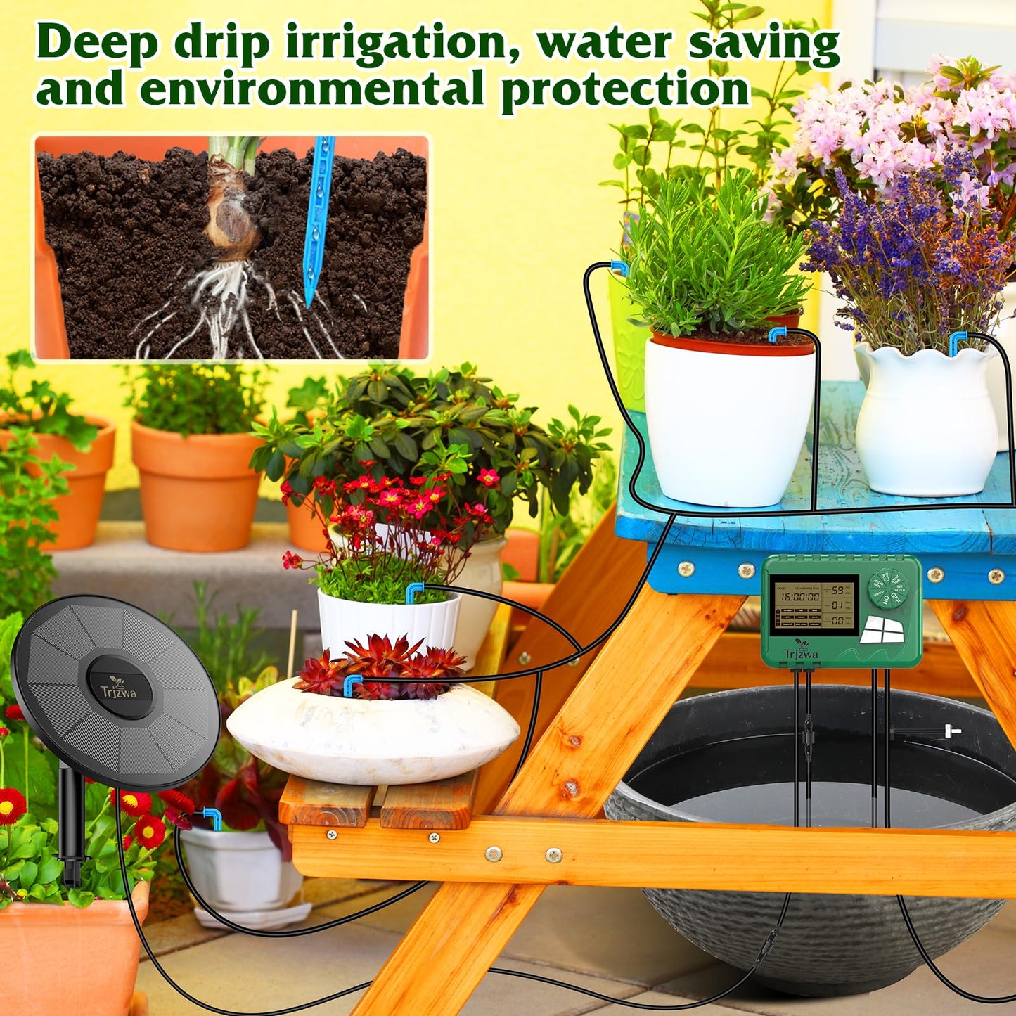 TRJZWA Solar Irrigation System Kit with Early Warning Function,DIY Solar Automatic Drip Irrigation Kits,Automatic Watering System with 15m Watering Hose and 15 Drippers for Balcony/Garden/Courtyard