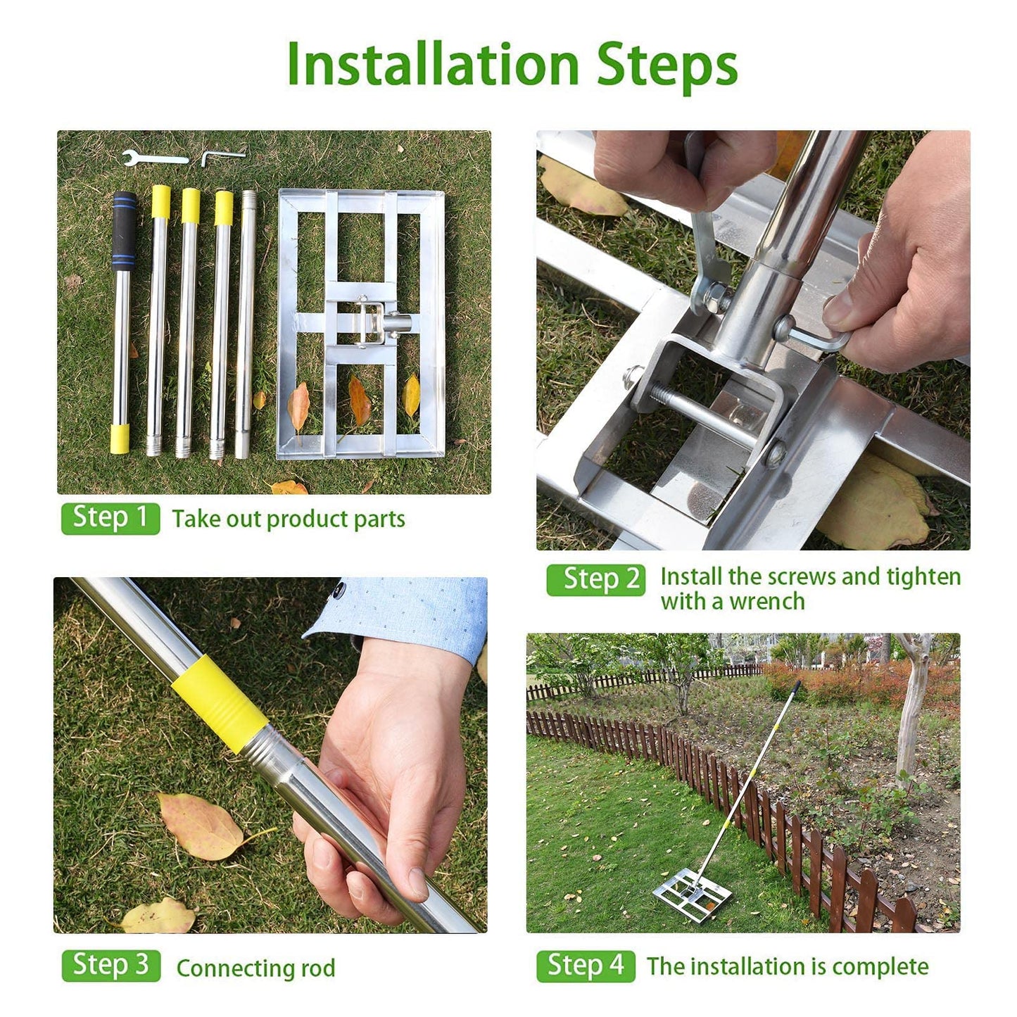 SurmountWay Lawn leveling Rake with Heavy-duty Stainless Steel Suitable for Courtyard Golf-16 ''x 10'' Lawn leveler tool(6.5FT), Silver (‎6.5FT,16 x 10In)
