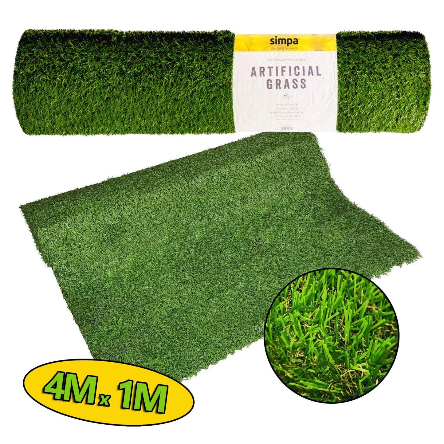 simpa Non Fade Artificial Grass Pile Roll - 4m x 1m / 13ft x 3.3ft - 15mm Pile Height - Set of 4 Rolls