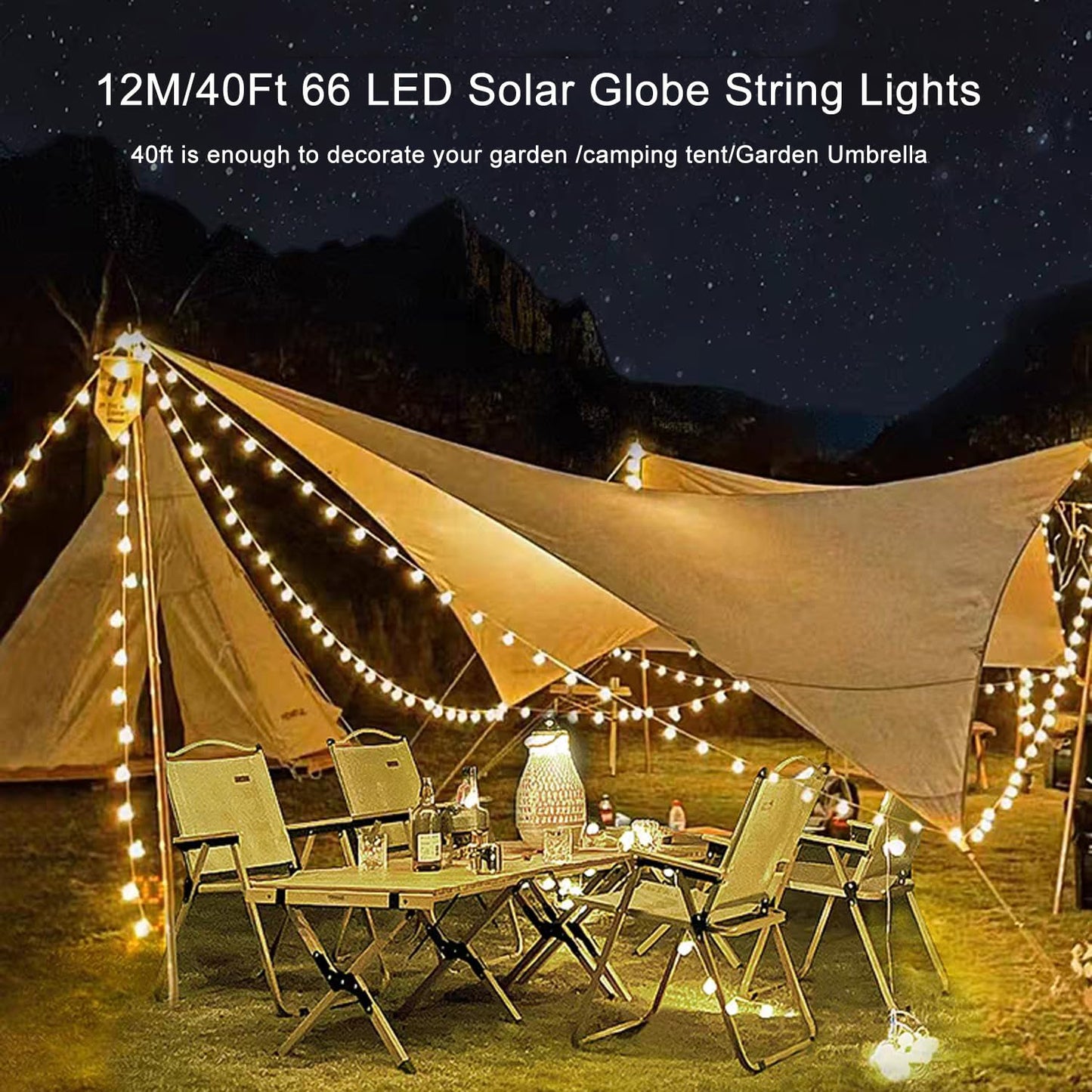 mafiti Solar Lights Outdoor Garden, 40ft 66 LEDs Solar Garden Light with 8 Modes Crystal Big Balls Solar Powered Waterproof for Camping Tree Patio Yard Wedding Party Decoration