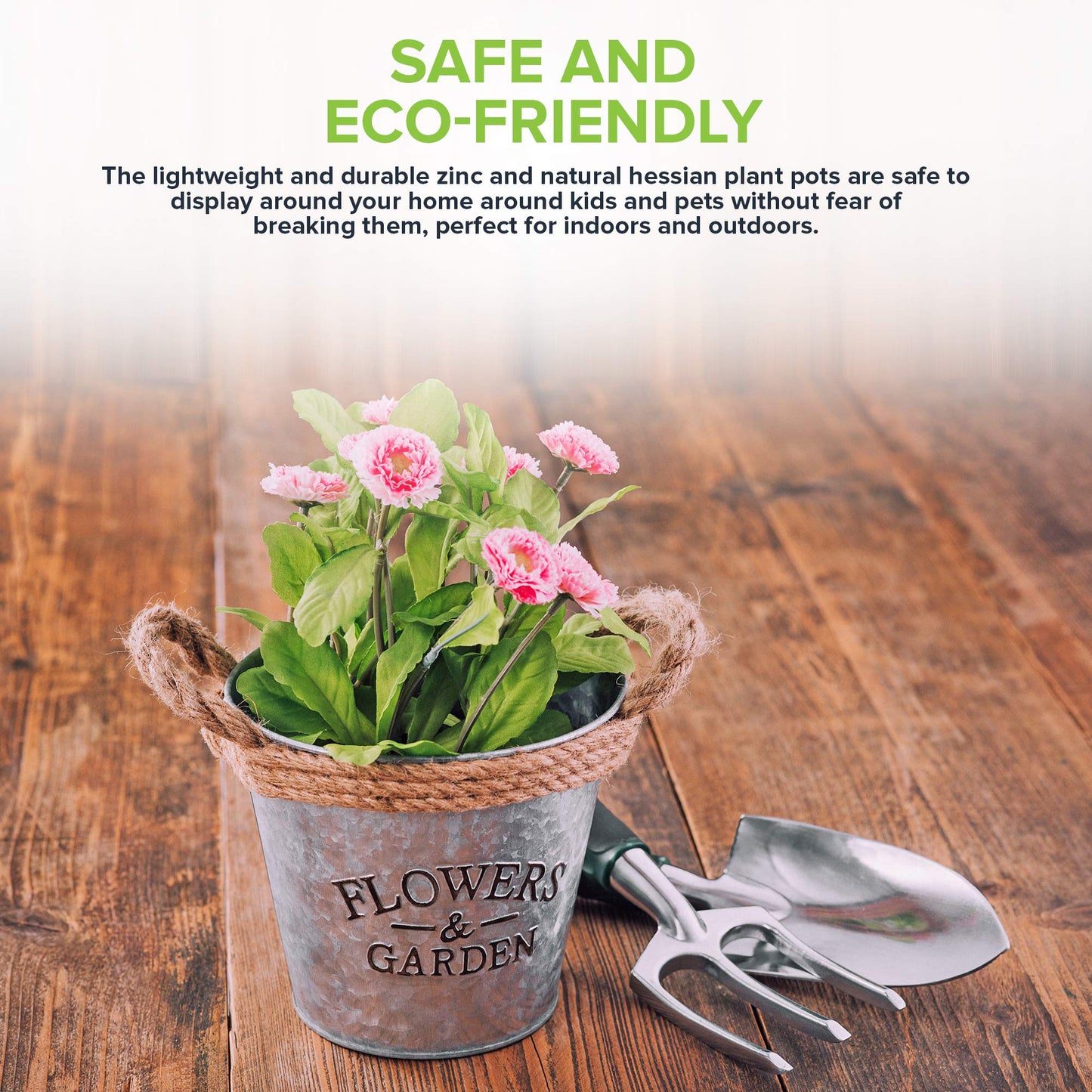 LIVIVO Zinc Plant Pot with Anti-Slug Cotton Rope Handles and 'Flowers & Garden' Design for Outdoor or Indoor Garden, Flower Pot, Herb Garden or Avocado Vase (Set of 3, Round)