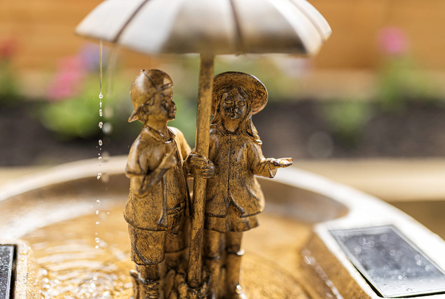 Garden Mile Solar Powered Boy & Girl Umbrella Water Fountain Rustic Traditional Water Feature Garden Solar Water Ornamental Fountain Bird Bath Garden Patio Energy Efficient Resin Solar Water Feature