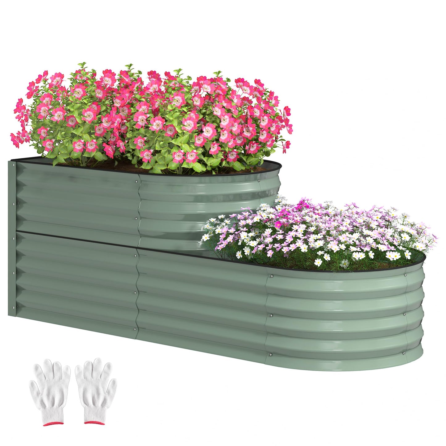 Outsunny 2-Tier Raised Garden Bed, Outdoor Galvanised Planter Box with Safety Edging and Gloves, Metal Raised Bed with Open Bottom for Vegetables, Flowers, Fruits and Herbs, Light Green