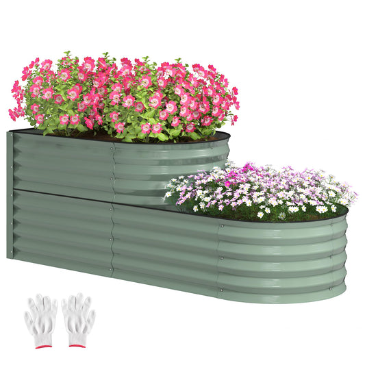 Outsunny 2-Tier Raised Garden Bed, Outdoor Galvanised Planter Box with Safety Edging and Gloves, Metal Raised Bed with Open Bottom for Vegetables, Flowers, Fruits and Herbs, Light Green