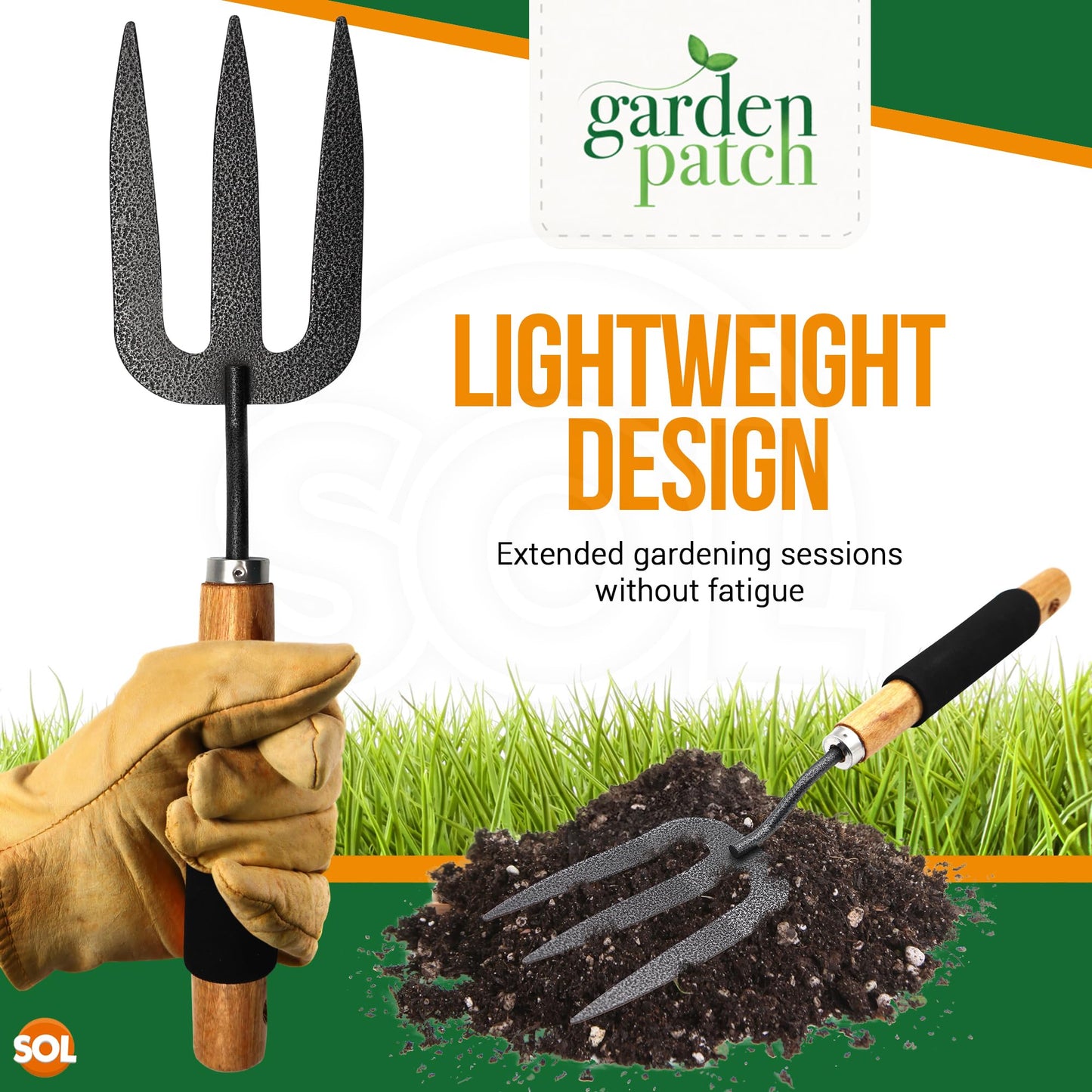 SOL 2pk Heavy Duty Garden Fork, 34.5cm Garden Hand Fork with Wooden Handle and Rubber Grip - Durable, Lighweight Design for Multi-Purpose Weeding and Planting Tool, For Gardeners of All Skill Levels