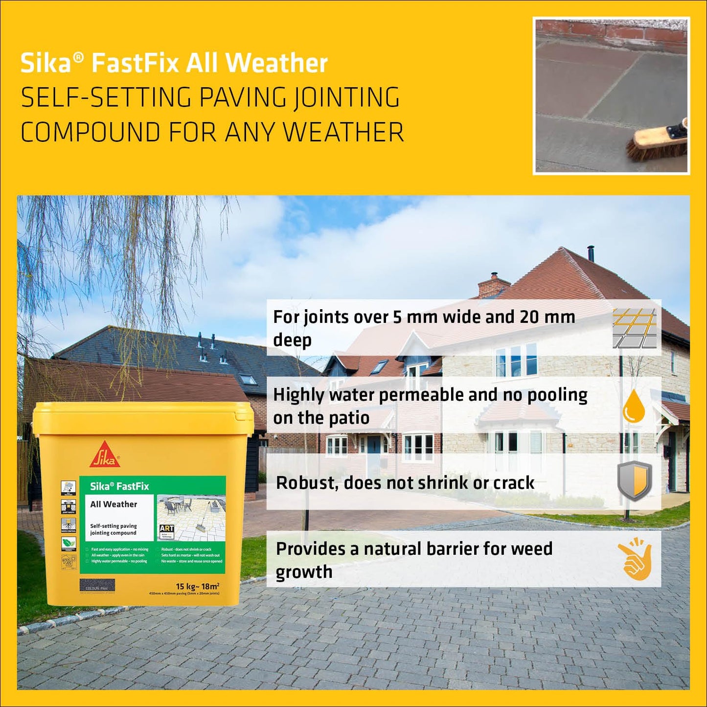 Sika – FastFix All Weather Self-Setting Paving Jointing Compound – Ready To Use – No Mixing Required - Deep Grey – 14kg – 20 sq. m