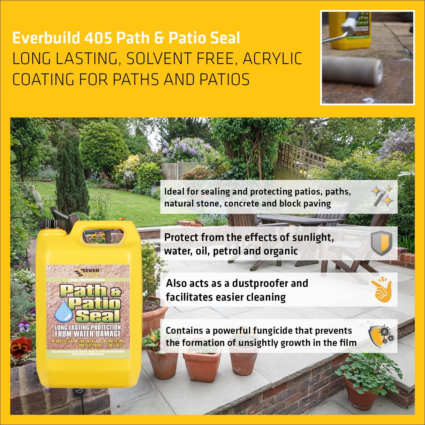 Everbuild 405 Path & Patio Seal | Long Lasting, Solvent Free & Acrylic Coating for Paths, Patios, Natural Stone & Block Paving - 5 Litre