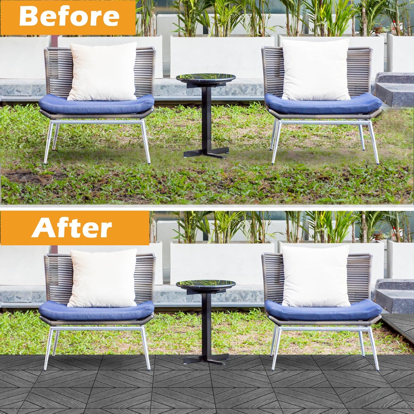 Bonnlo Composite Garden Decking Tiles, 27 Pcs Plastic Outdoor Flooring, 30x30cm Patio Paving Slabs Decking Squares Indoor & Outdoor Grey (Grey)