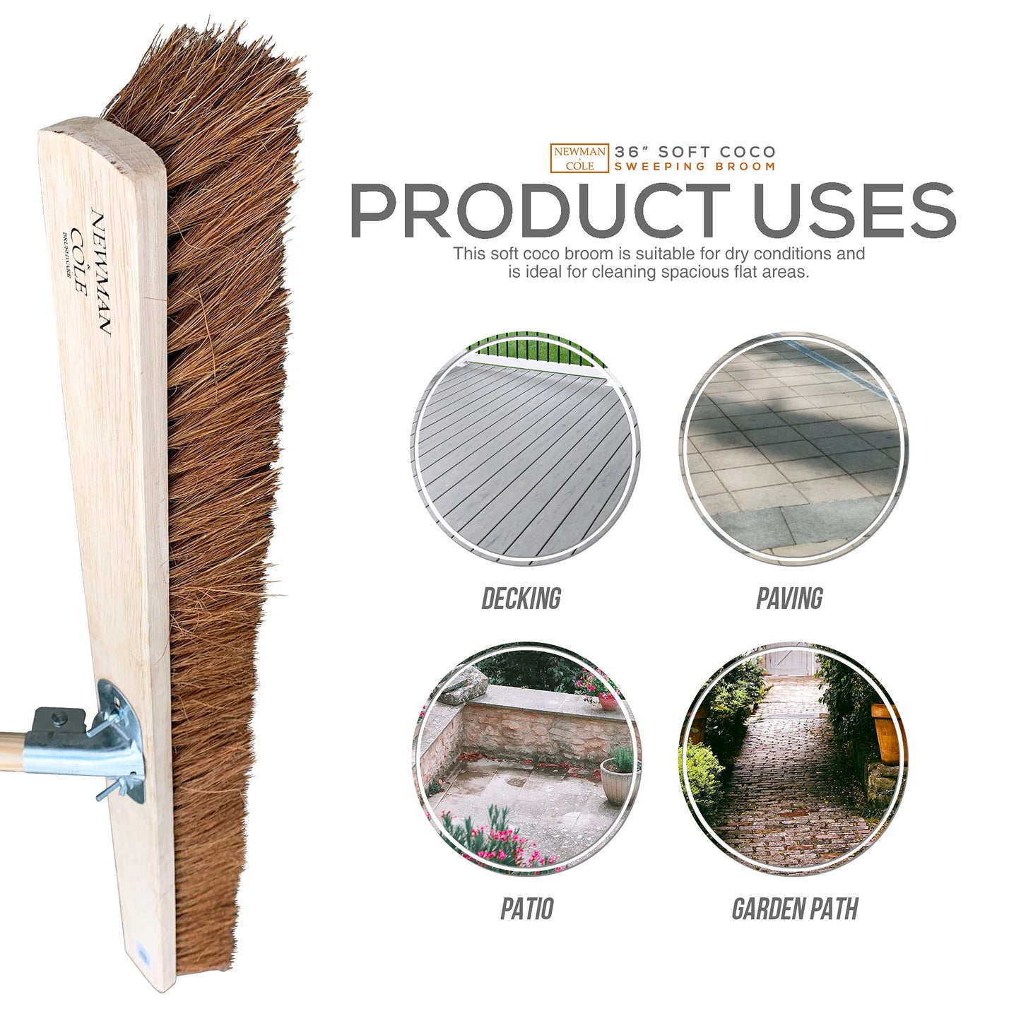 Newman and Cole 36” Wide Broom Indoor or Outdoor, Extra-Large Heavy Duty Broom Sweeping Brush for Warehouse Floors and Large Flat Surfaces (36” Natural Coco Soft Bristle Broom Complete with Handle)…