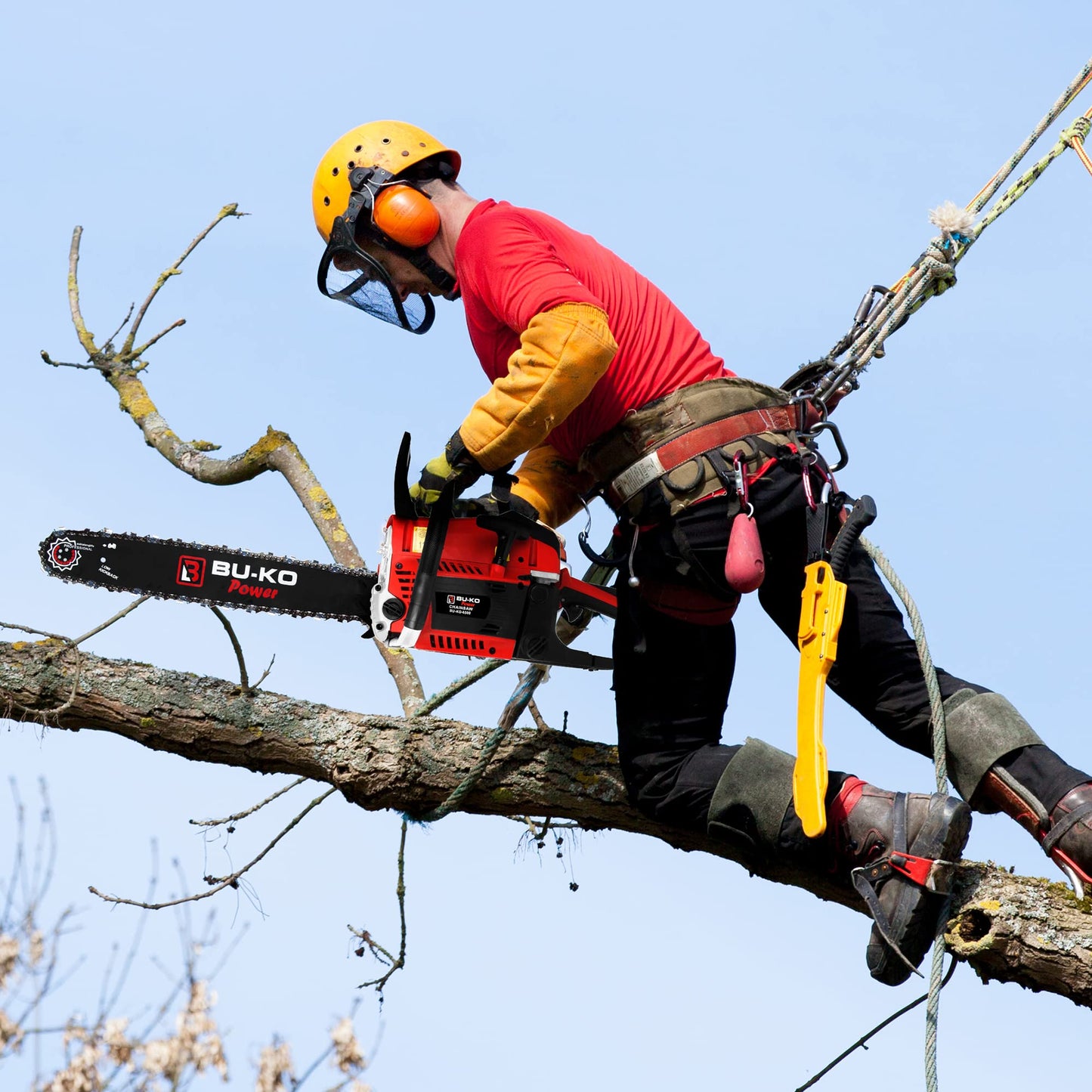 BU-KO 65cc Petrol Chainsaw 3.89HP 20" Bar with 2 Chains and 16" Bar with 2 Chains - Cover Bag and Full Safety Gear