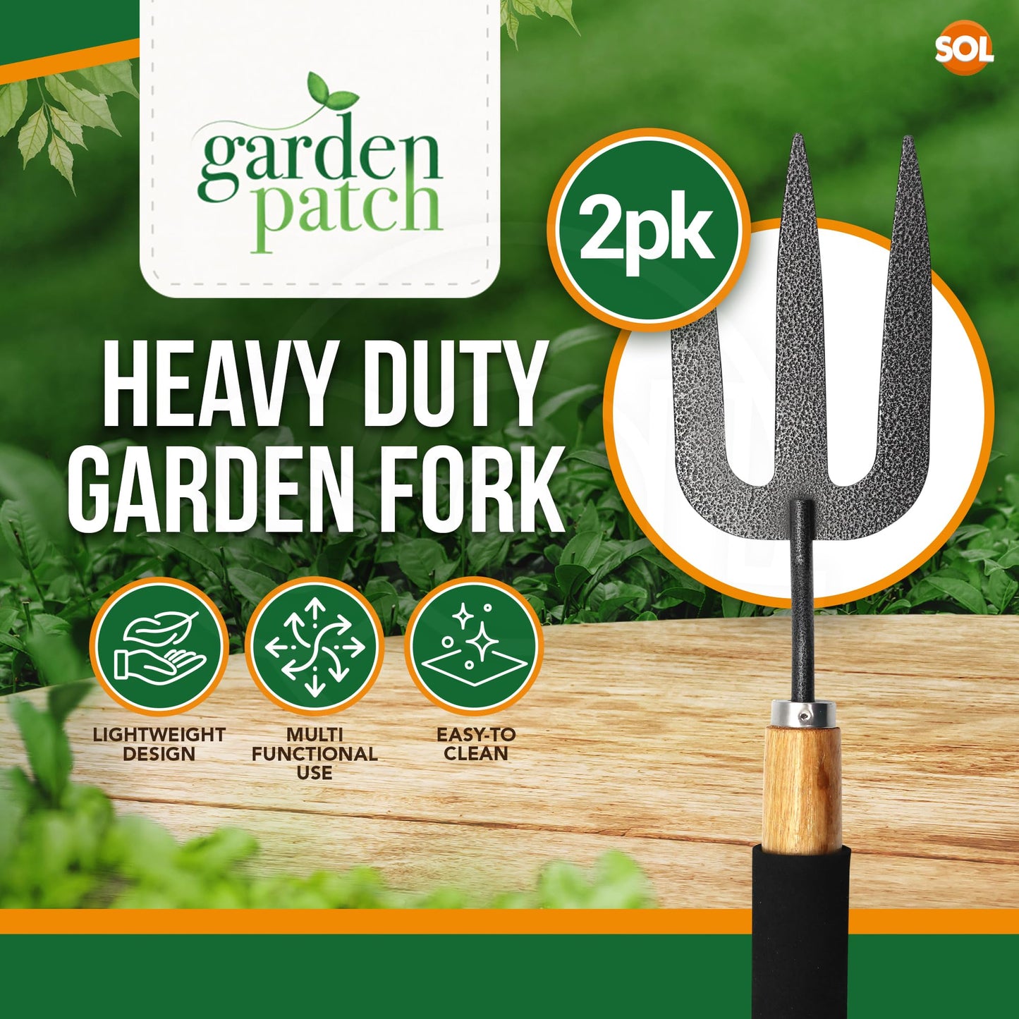 SOL 2pk Heavy Duty Garden Fork, 34.5cm Garden Hand Fork with Wooden Handle and Rubber Grip - Durable, Lighweight Design for Multi-Purpose Weeding and Planting Tool, For Gardeners of All Skill Levels