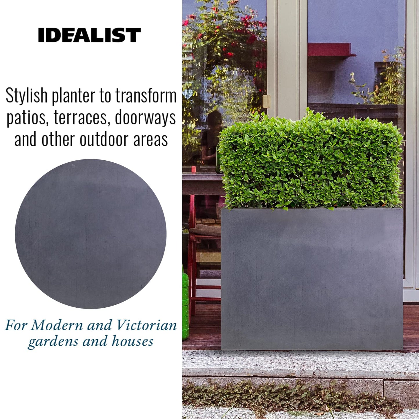 IDEALIST 70cm Large Trough | Dark Grey Reinforced Stone Rectangular Planter | Garden Plant Pots with Drainage Holes L70 W40 H60 cm, 124 litres