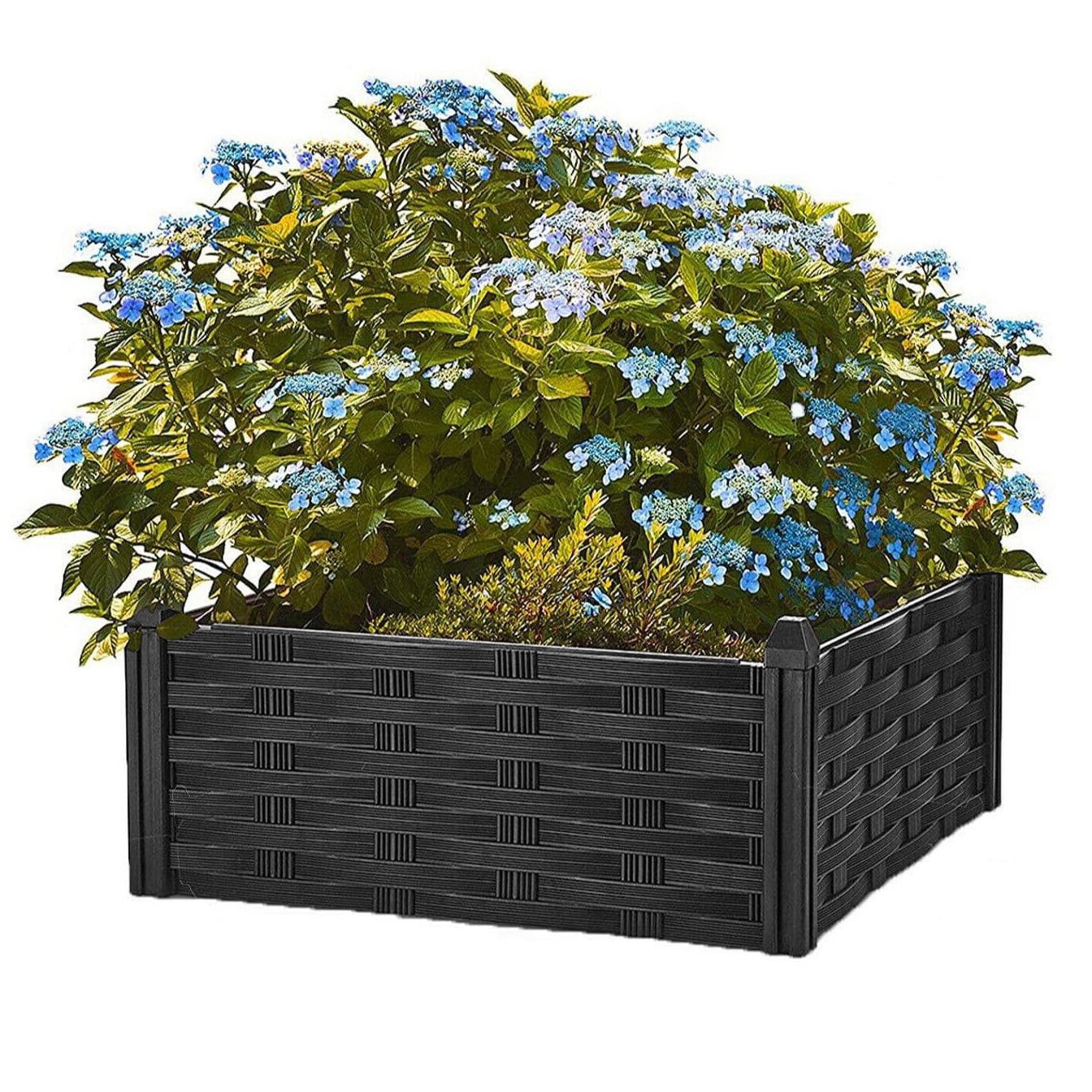 Raised Flower Bed Garden Fence Lawn Edging Rattan Effect Pot Vegetable Planter, Outdoor Usage, Black 4 Piece