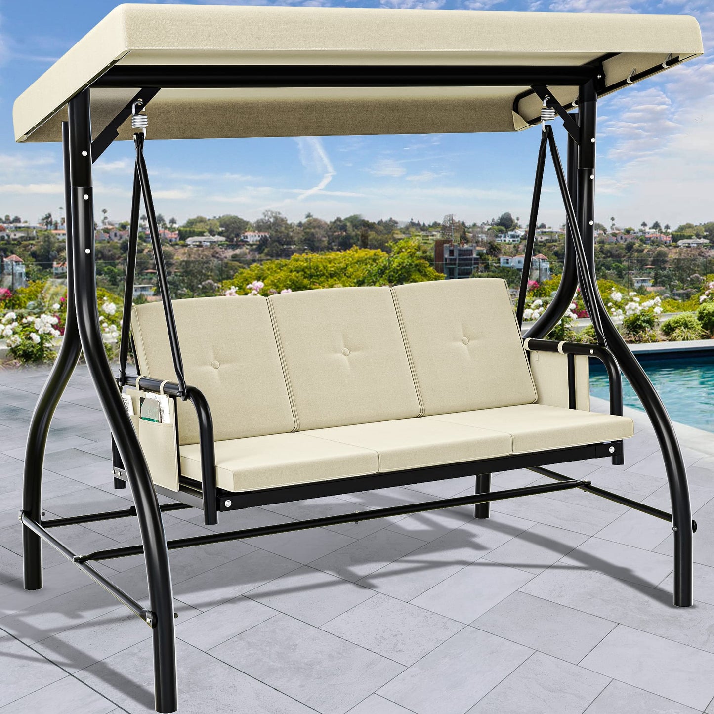 YITAHOME Canopy Garden Swing 3-Seats Outdoor Patio Swing Heavy Duty Swing Chair with Adjustable Canopy Removable Cushion, Suitable for Adult in Garden, Poolside, Balcony, Beige