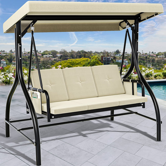 YITAHOME Canopy Garden Swing 3-Seats Outdoor Patio Swing Heavy Duty Swing Chair with Adjustable Canopy Removable Cushion, Suitable for Adult in Garden, Poolside, Balcony, Beige
