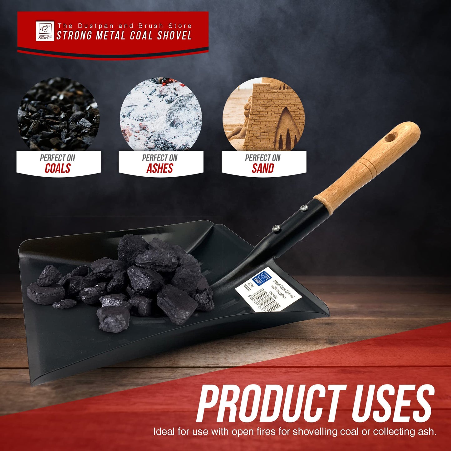 Strong Metal Coal Shovel with Wooden Handle | 9-Inch-Wide Metal Shovel Fireside Dust Ash Pan | Large Coal Scoop to Easily Collect Coal, Ashes, Dust, and Garden Wastes