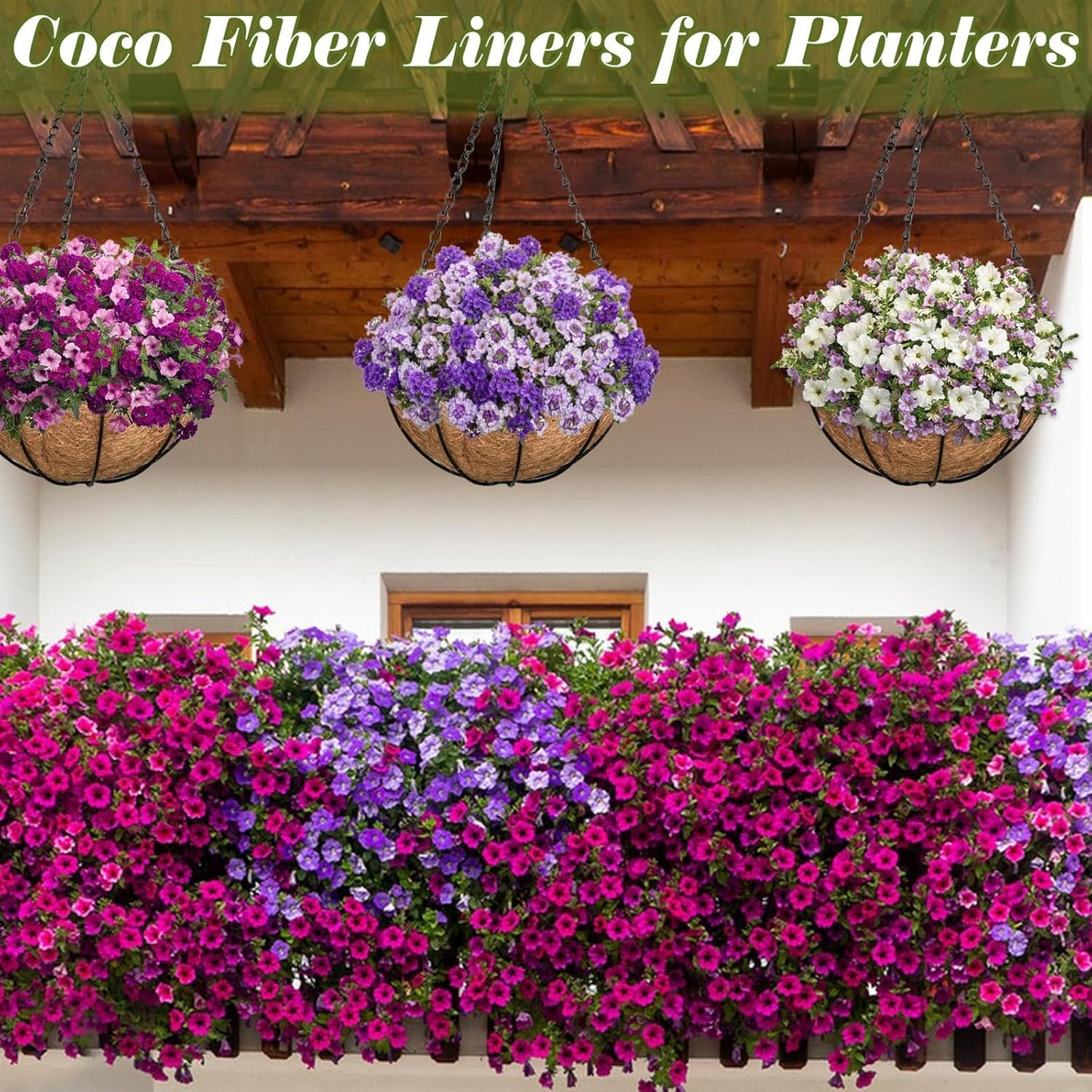 LATERN 4Pcs Metal Hanging Basket with Coco Liner, 20CM Round Metal Hanging Flower Pots Coconut Coir Liner Planter with 40cm Black Chain for Garden Porch Balcony Patio Plant Flower Decoration