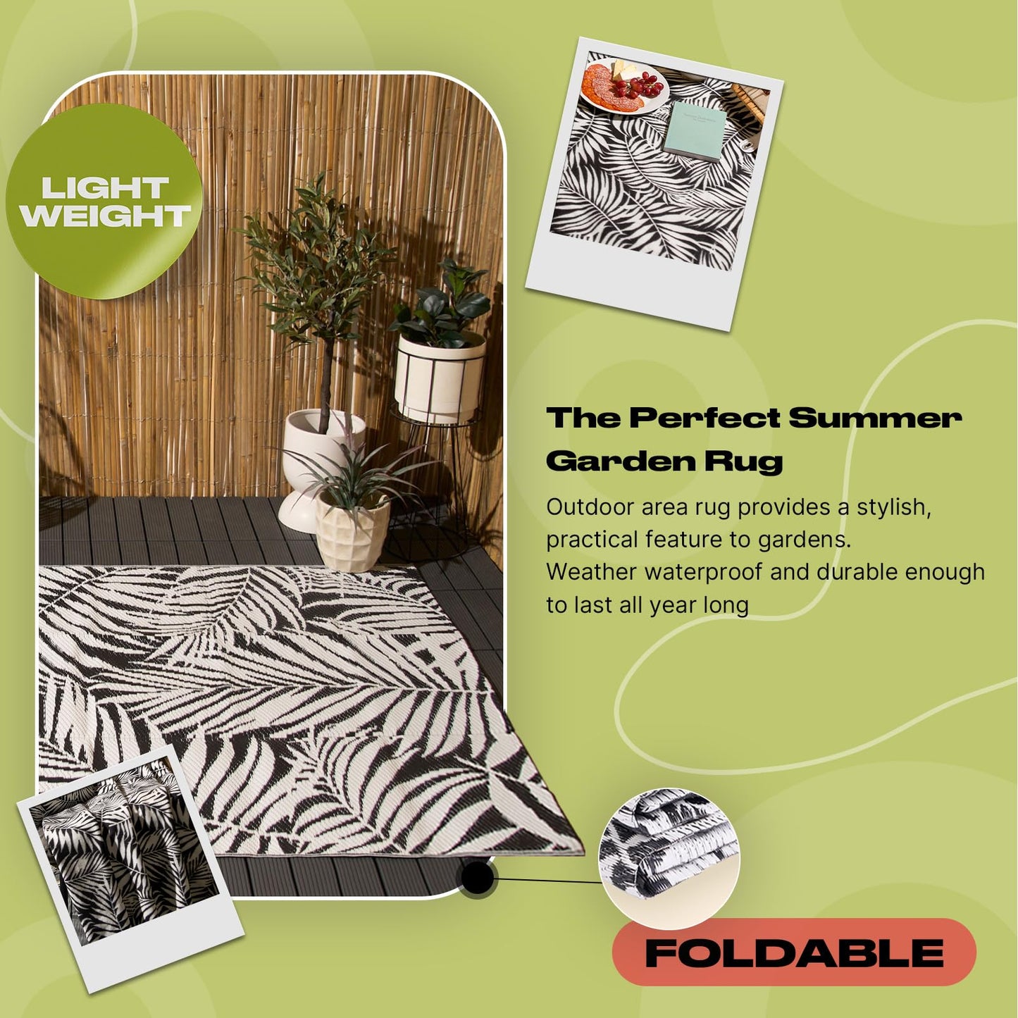 OHS Garden Rug Leaf Black/White, Large Outdoor Rug Water Resistant Foldable Area Rugs Easy Storage Reversible Mat for Summer Garden Patio Decking, 120 x 170cm