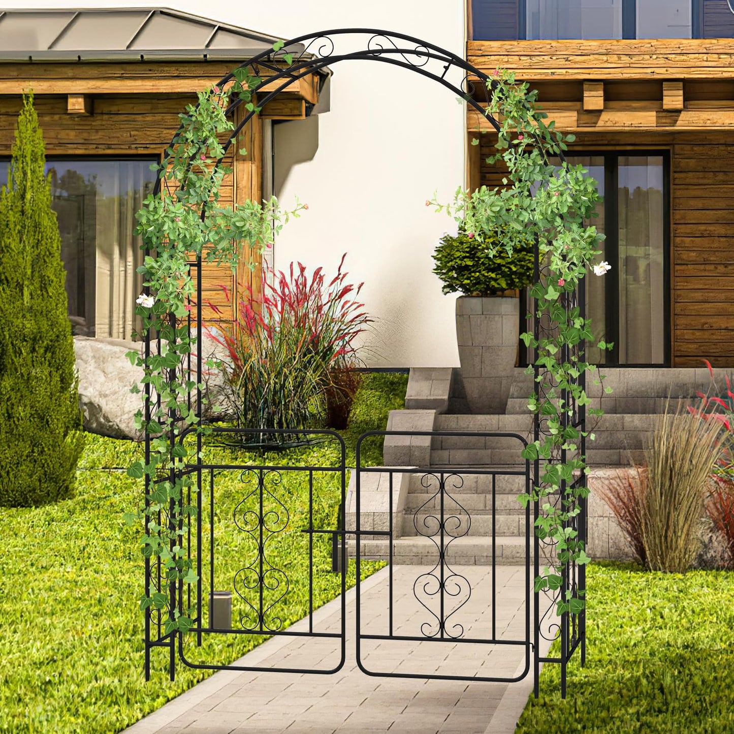 TANGZON Garden Arbor, Metal Arch Arched Top Arbor Trellis with Lockable Gate, Heavy-Duty Trellis Archway for Climbing Plants Grape Vines Wedding Ceremony (with multiple side crossbars,136x58x213cm)