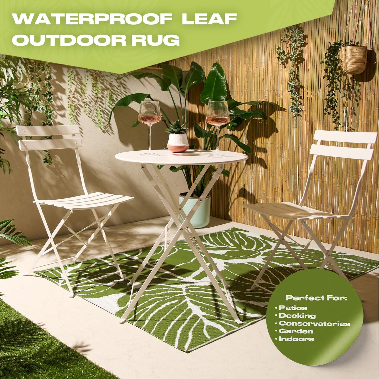 Dreamscene Outdoor Rugs for Garden Palm Tree Leaf, Green Round Outdoor Rug Garden Mats Water Resistant Foldable Easy Storage Summer Patio Decking Reversible, 170cm