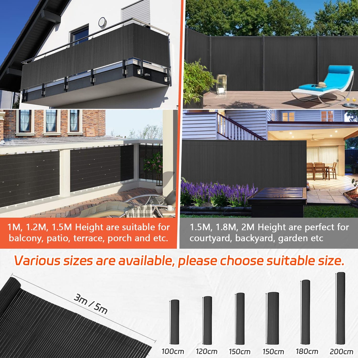 INMOZATA PVC Garden Screening 1m High Privacy Fence Screening Privacy Protective Screens for Garden, Backyard, Balcony, Terrace (Grey,1x3m)