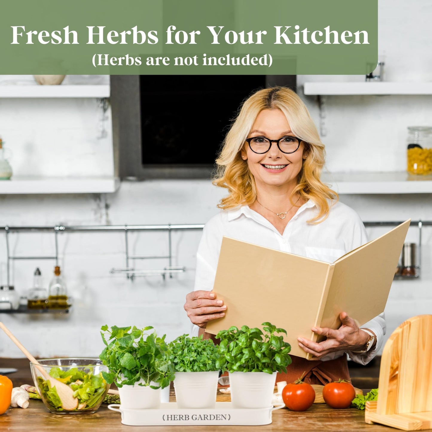 PERFNIQUE Farmhouse Herb Garden Kit, Indoor/Outdoor Herb Planter with Tray, Window Pots for Indoor/Outdoor Plants (Off White)