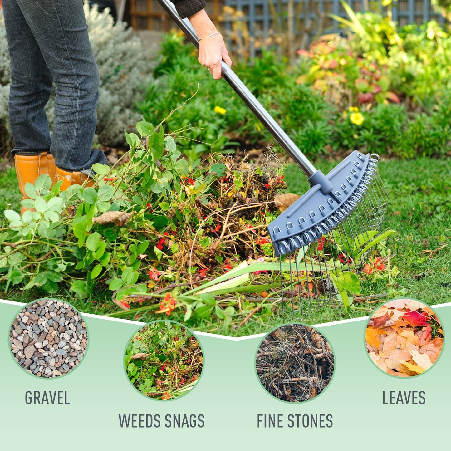 Hortem Garden Leaf Rake Set include 64-160cm Yard Thatch Rake Adjustable and 43cm Hand Rake, Lawn Rakes Used for Leaves, Thatch, Gravel