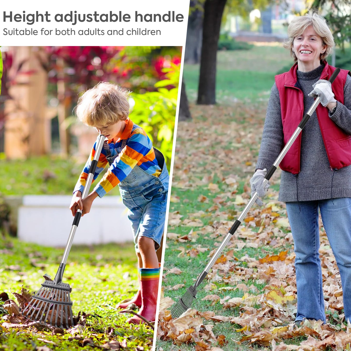 Garden Rake -Small Leaves Rakes for Gardening - 11 Metal Tines/ 9" Wide/ 32.6"-55.9" Long Handle Leaf Rakes for Lawns Heavy Duty for Yard Shrub etc with Garden Digging Gloves