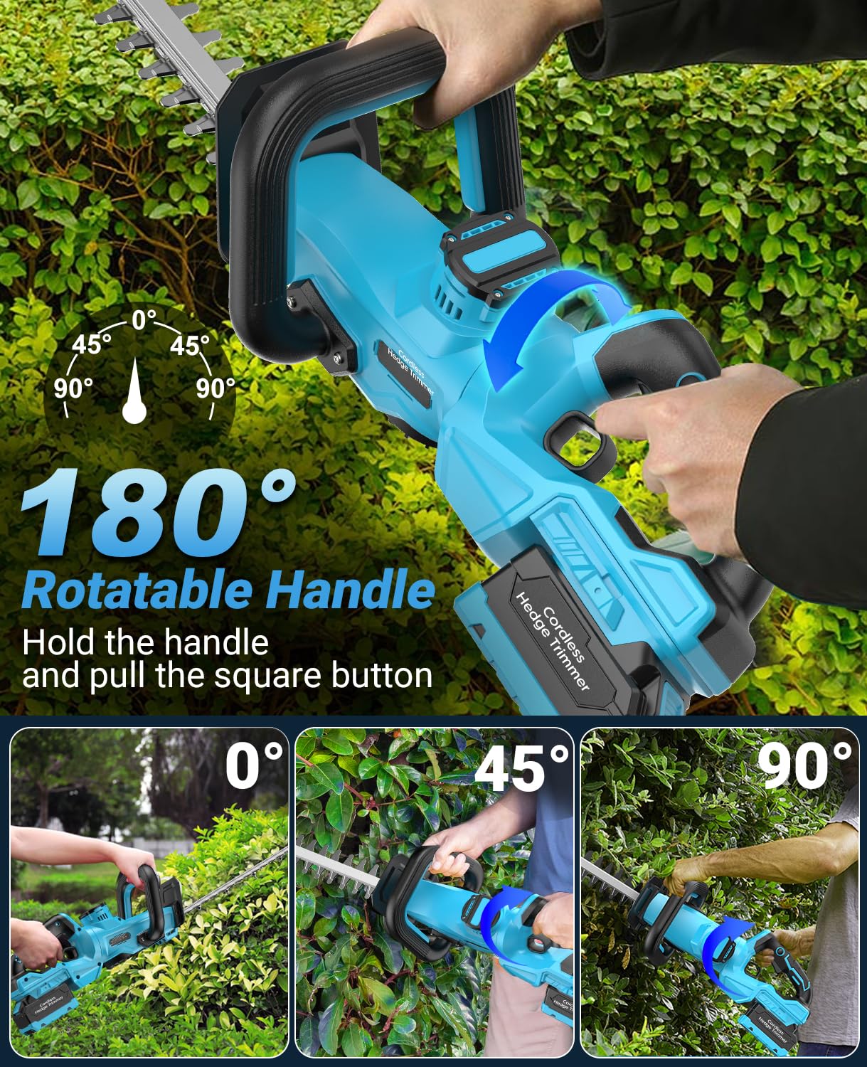 Cordless Hedge Trimmer, LEEIKOO Electric Hedge Trimmer with 4000mAh Battery, 180° Adjustable Hedge Cutter, 51 cm Blade length, 16 mm Tooth Spacing, Blade Cover for Hedges, Branches, Shrubs, Twigs