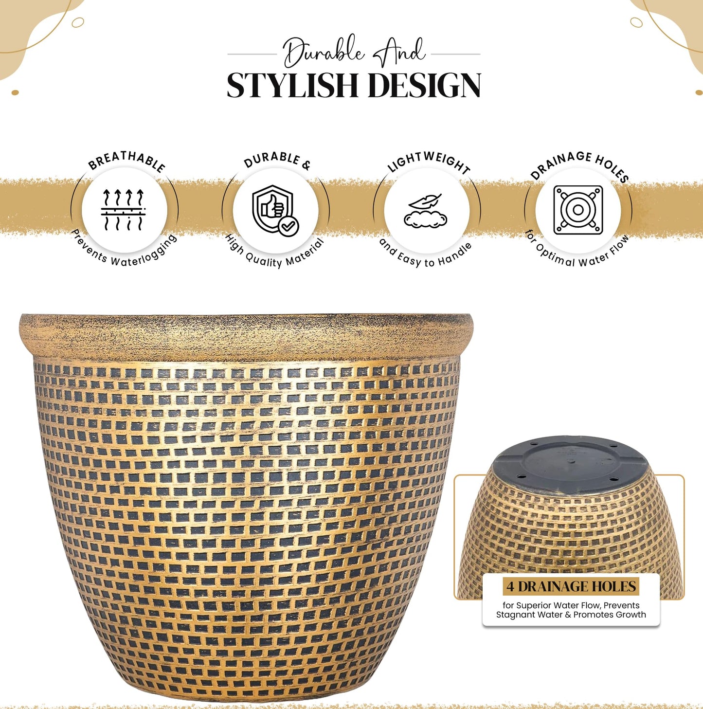 SG Traders 2 X Large Plastic Round Cromarty Plant Pot Flower Pot Planter Garden Decoration Gold 40cm Plant Pot Outdoor Flower Pots Outside Garden Planters Outdoor With Drainage Holes