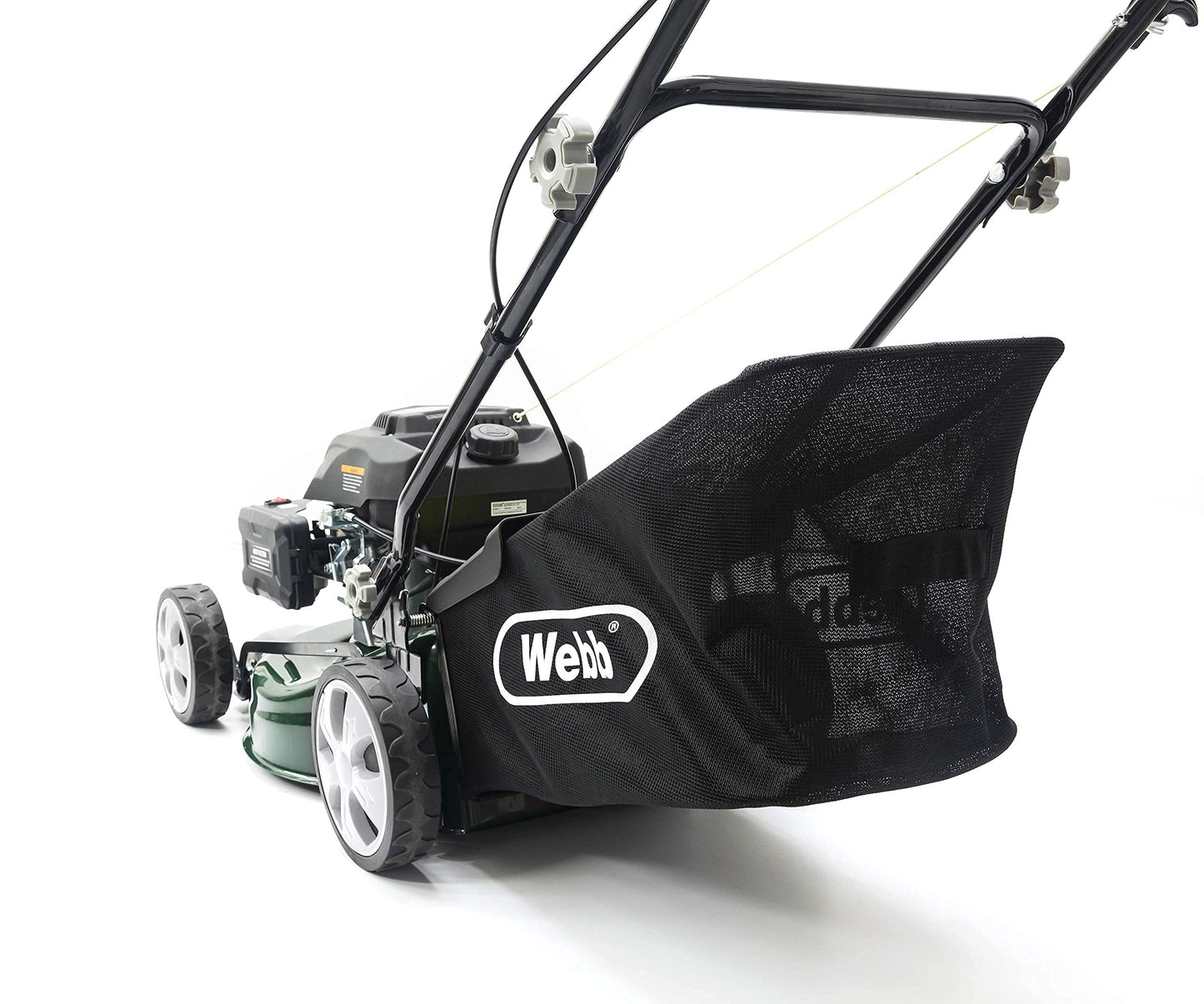 Webb WER460SP 18"/46cm Self Propelled Rotary Petrol Lawnmower, 141cc Engine, 7 Cutting Heights, 55L Collection Bag - 3 Year Guarantee