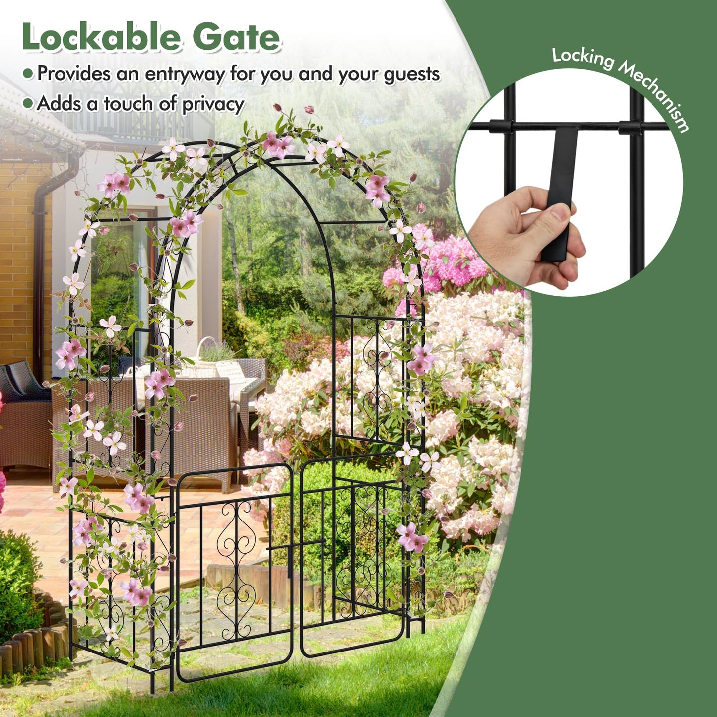 TANGZON Garden Arbor, Metal Arch Arched Top Arbor Trellis with Lockable Gate, Heavy-Duty Trellis Archway for Climbing Plants Grape Vines Wedding Ceremony (with multiple side crossbars,136x58x213cm)
