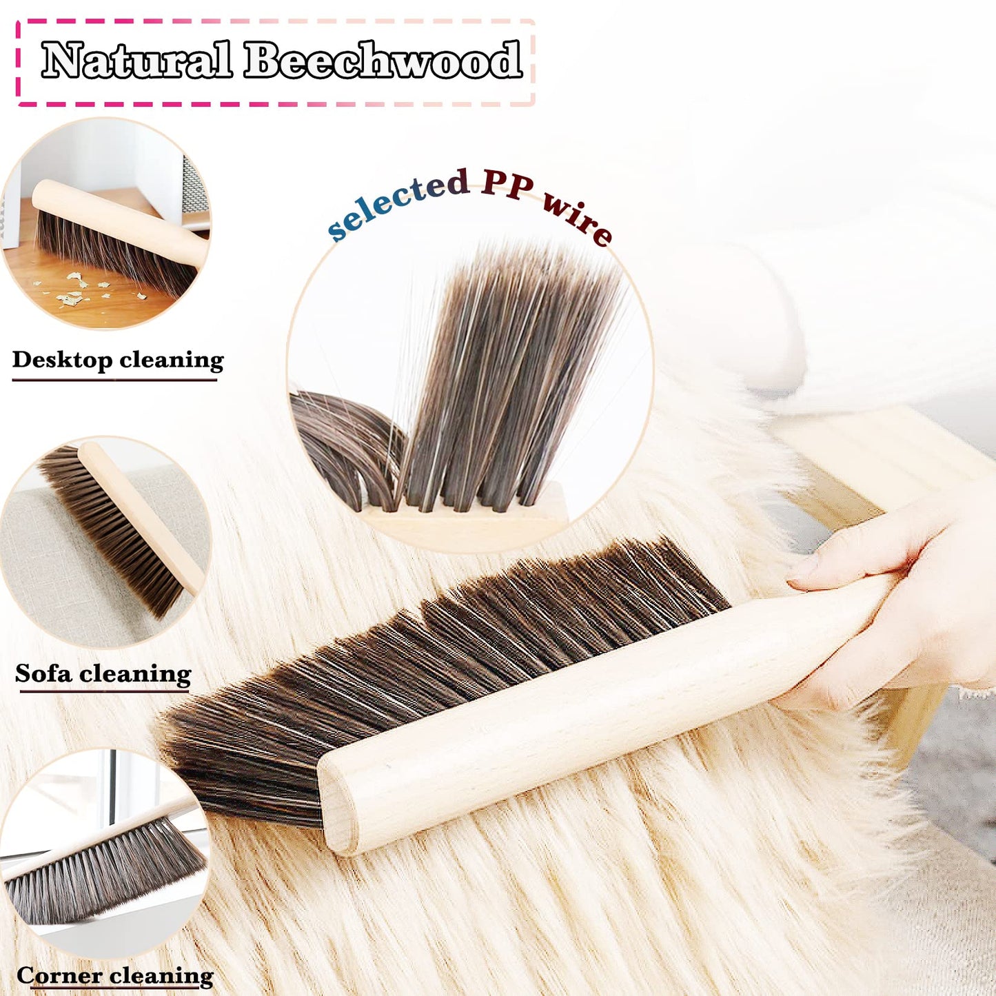 Beech Wood Hand Brush&Natural Solid Wooden Round Handle Brushes,5 Rows of Soft Bristles 11.8" Hand Broom for Cleaning Dusting Stair,Garden,Bed,Sofa,Furniture,Brick,Floor