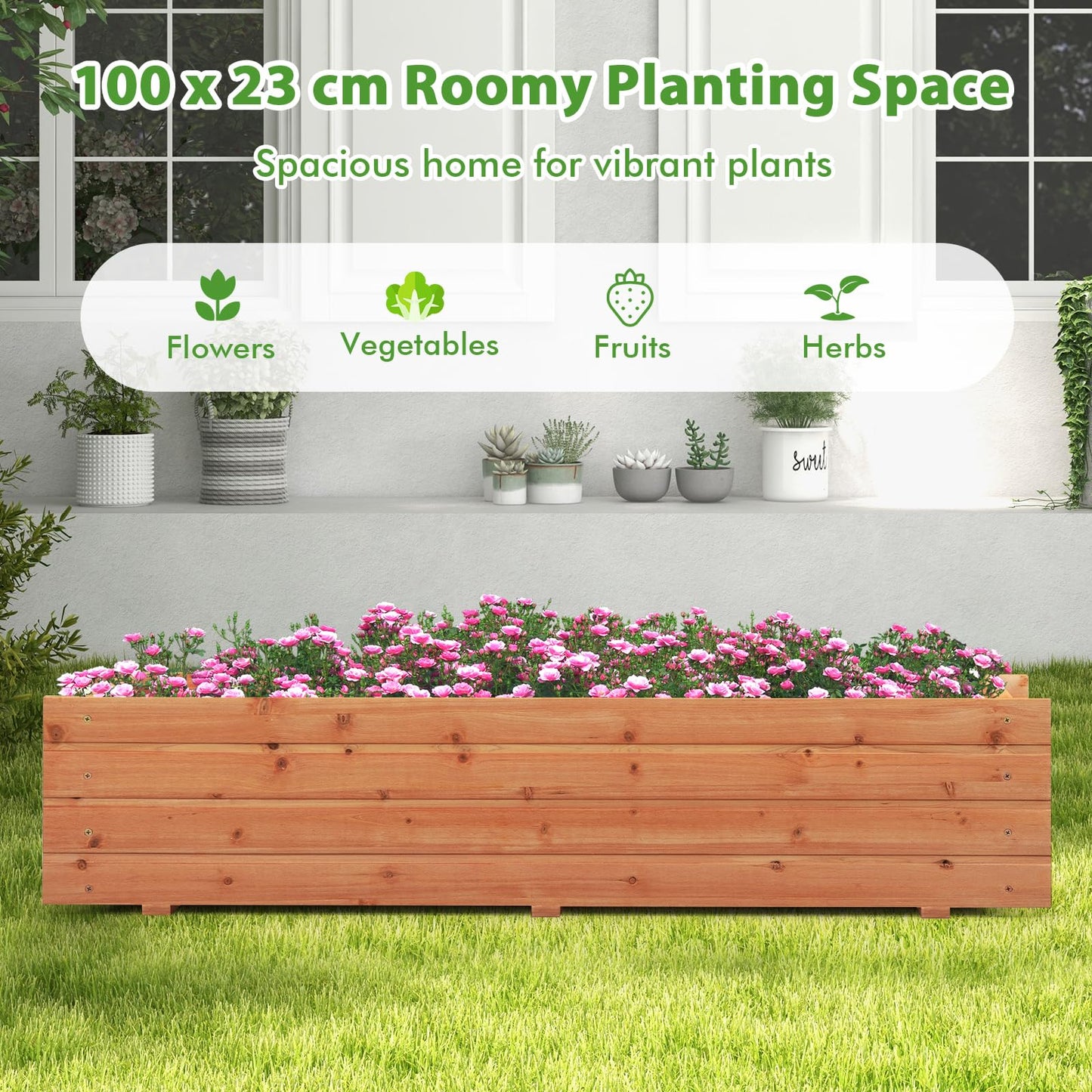 GiantexUK Wooden Garden Planter, Rectangular Raised Bed Flower Pot with 2/4 Drainage Holes, Indoor Outdoor Elevated Planter Boxes Container for Plants Herbs Fruits Vegetables (112x26x25cm, 2 Holes)
