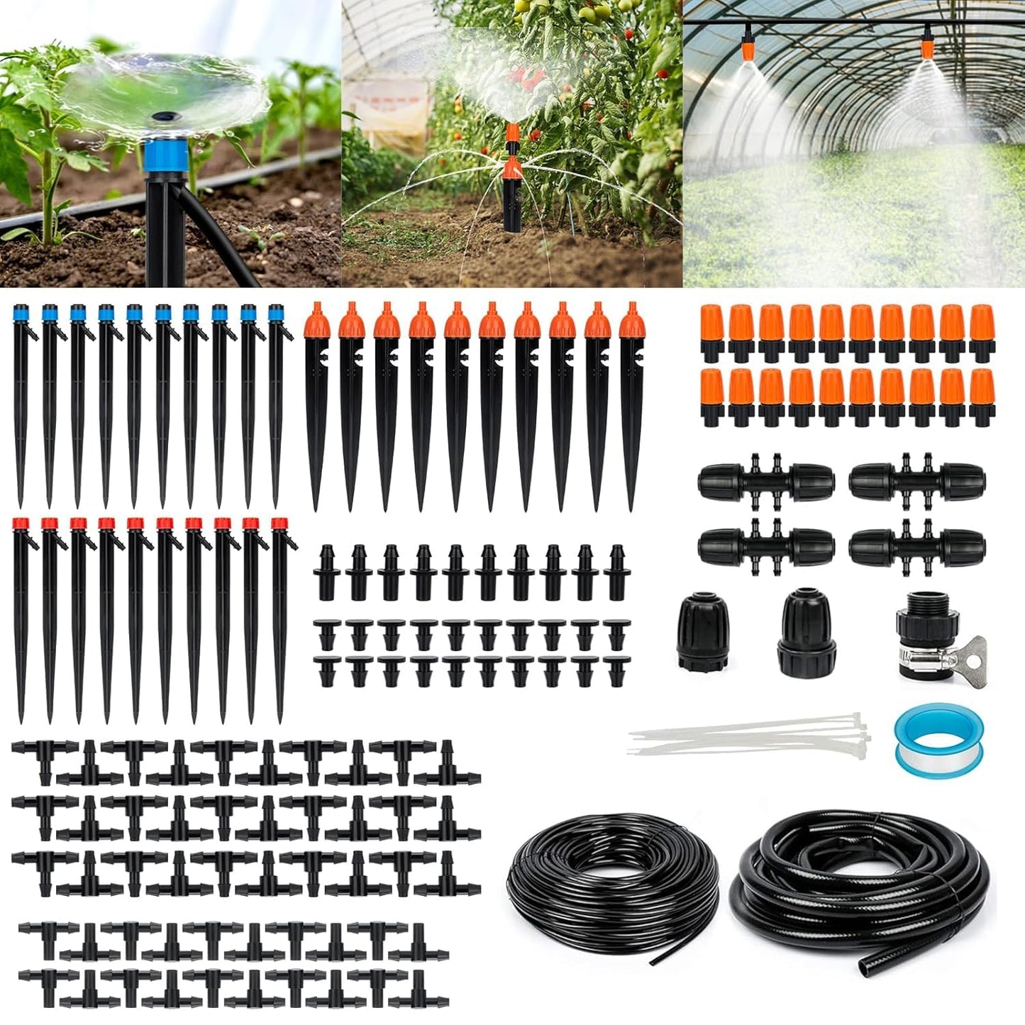 OAHAO 240FT Drip Irrigation System Kit, Automatic Garden Watering Misting System with 1/2 inch Hose 1/4 inch Distribution Tubing Drip Emitters Drip Spray 2 in 1 Nozzle for Greenhouse, Yard, Lawn