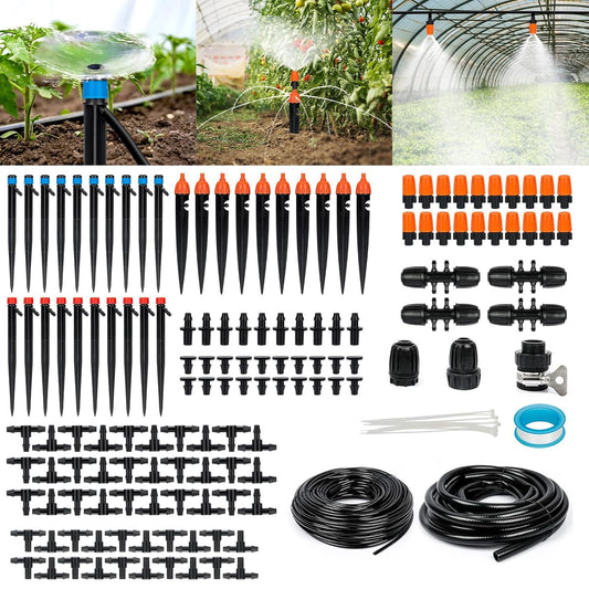 OAHAO 240FT Drip Irrigation System Kit, Automatic Garden Watering Misting System with 1/2 inch Hose 1/4 inch Distribution Tubing Drip Emitters Drip Spray 2 in 1 Nozzle for Greenhouse, Yard, Lawn