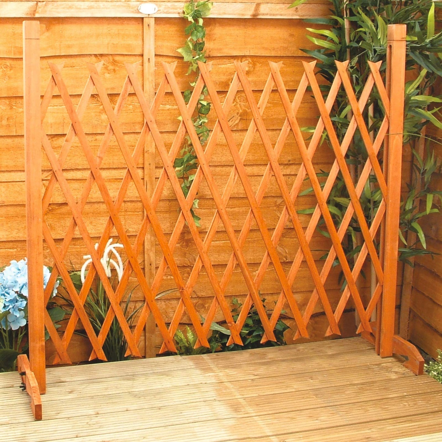 Expanding Garden Fence - Brown Wooden Decorative Lattice Screen Trellis Style Expands to 6'2" Freestanding Wood