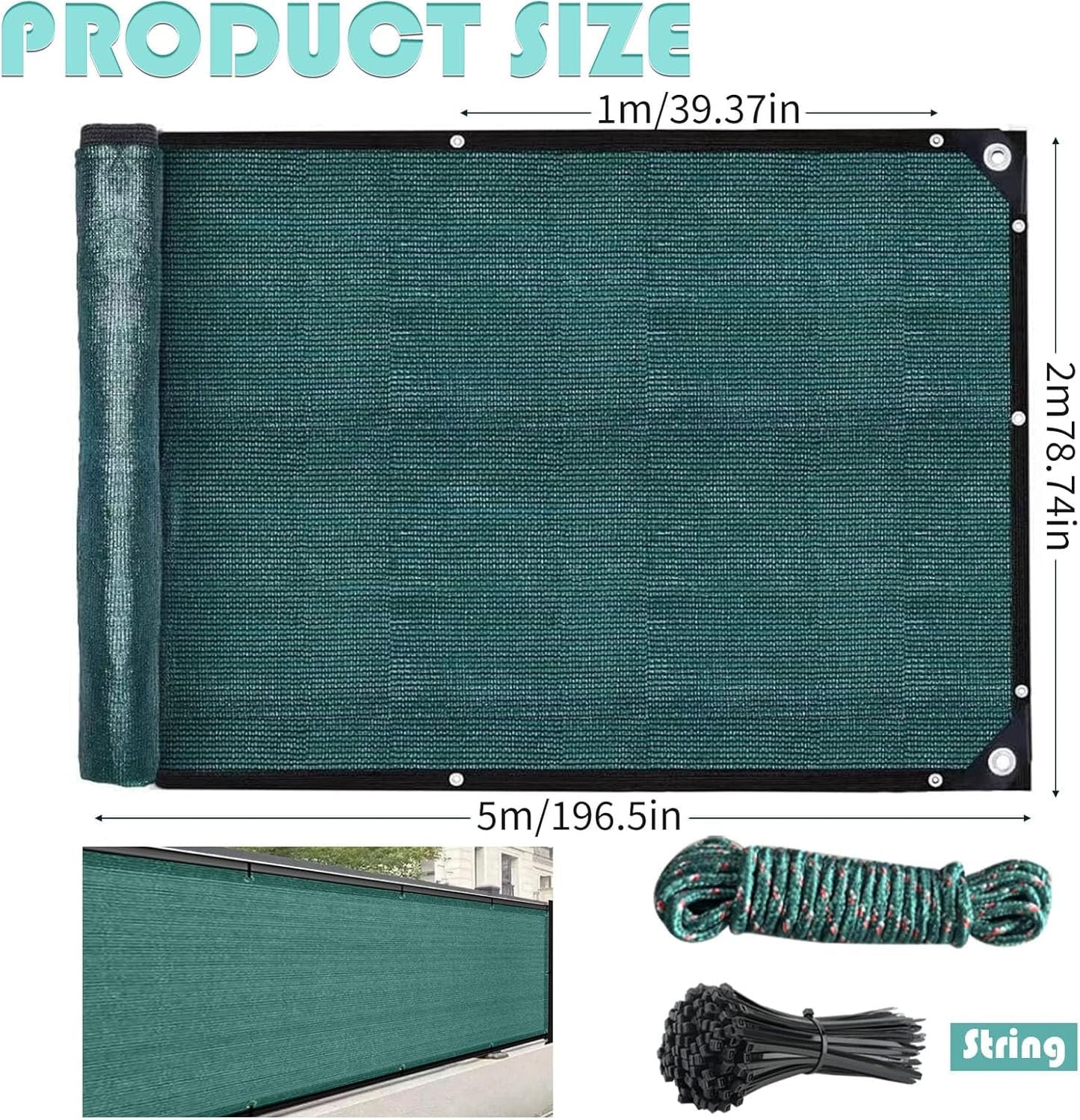 ToKinCen 2mx5m Garden Privacy Netting, Privacy Fence Screening 90% HDPE Outdoor Shading Net, Fence Screening UV-Resistant Tear-Resistant Shading Net with Cable and String