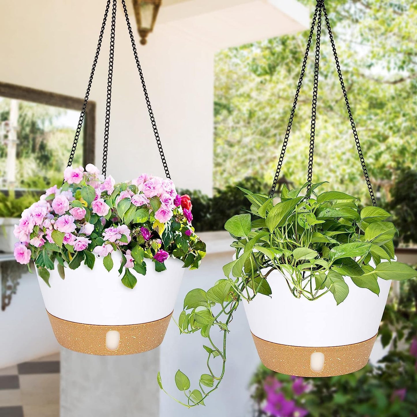 LSRVNM 3 Pack Hanging Plant Pot, Self Watering Planter with Removable Visible Water Tray Drainage Holes Chain Hooks, Hanging Flower Pot for Indoor Outdoor Garden (White)